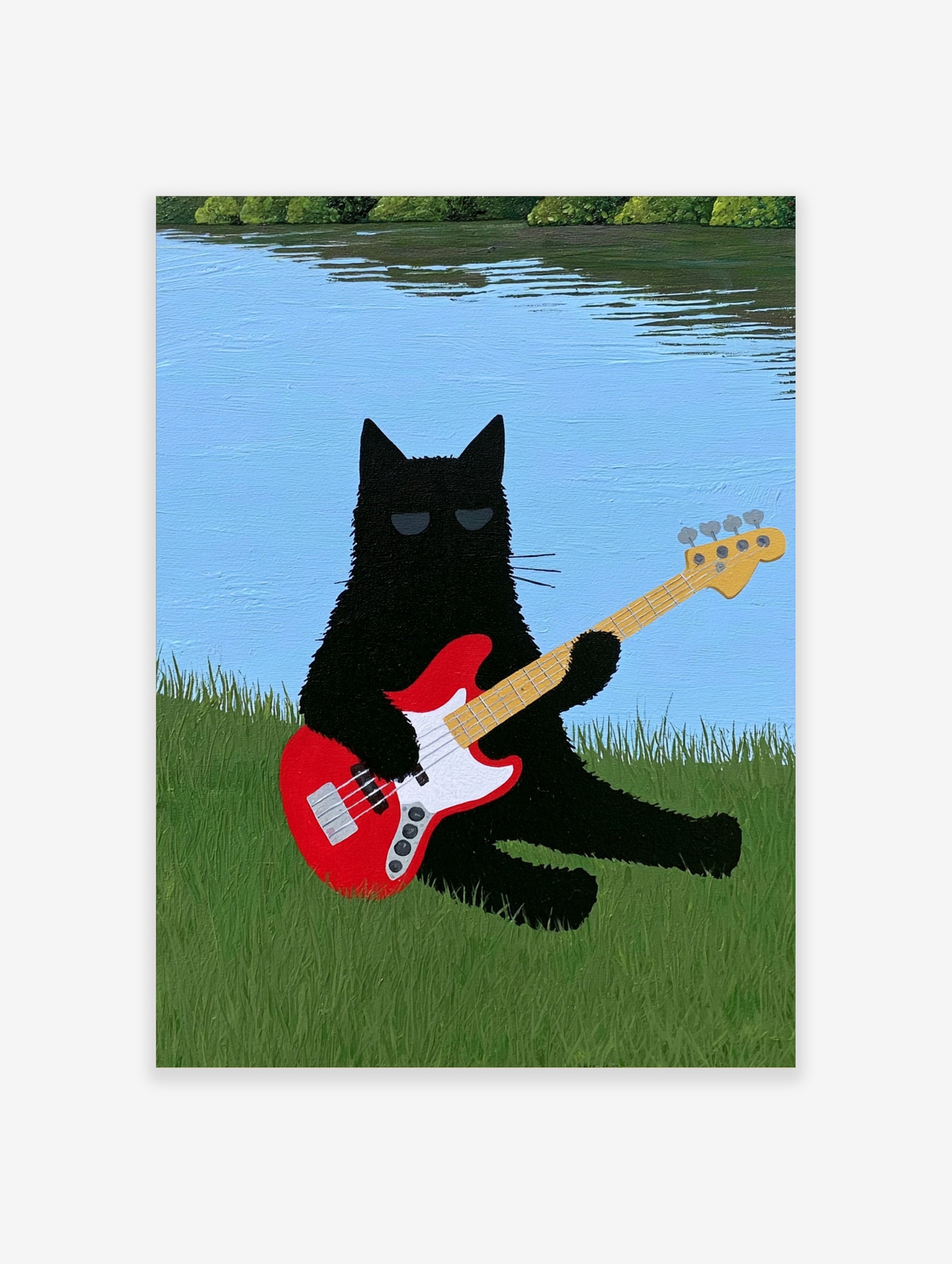 Black cat with sunglasses playing a red bass guitar in green grass by a blue lake illustrative wall art print