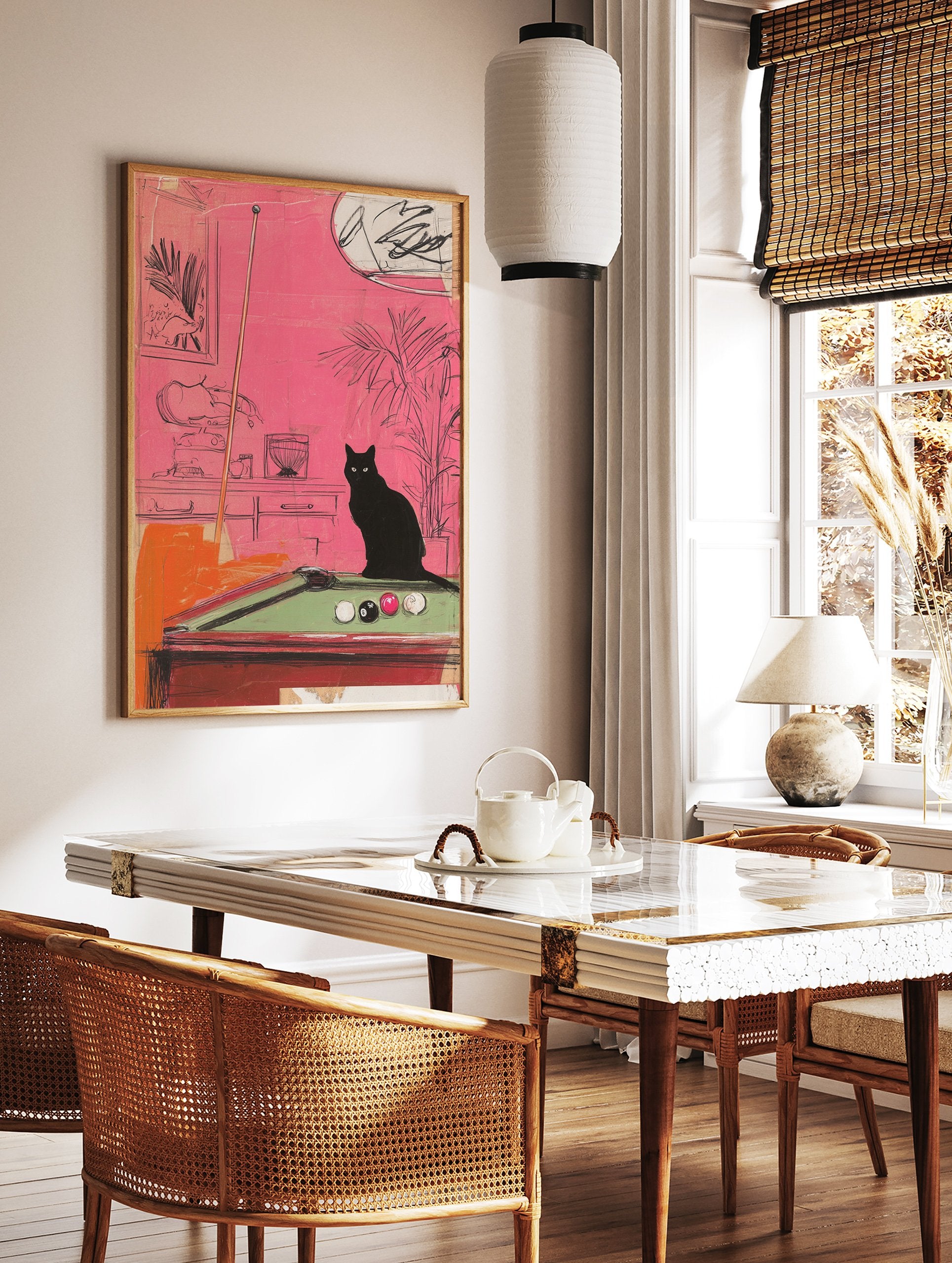 Black cat poster illustration showing a black cat sitting on a green pool table in a vibrant pink room with plants. - Image 2