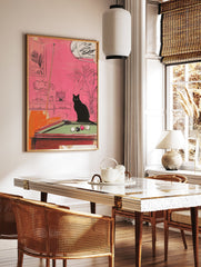 Black cat poster illustration showing a black cat sitting on a green pool table in a vibrant pink room with plants. - Image 2