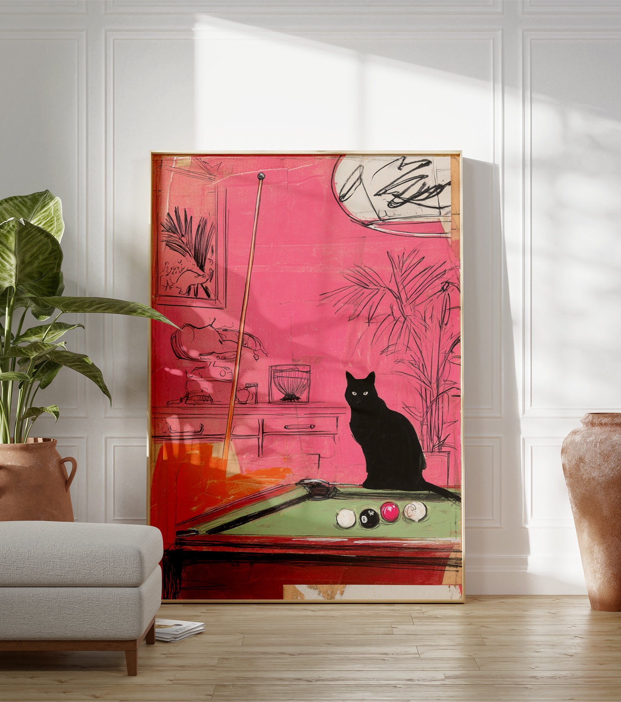 Black cat poster illustration showing a black cat sitting on a green pool table in a vibrant pink room with plants. - Image 3