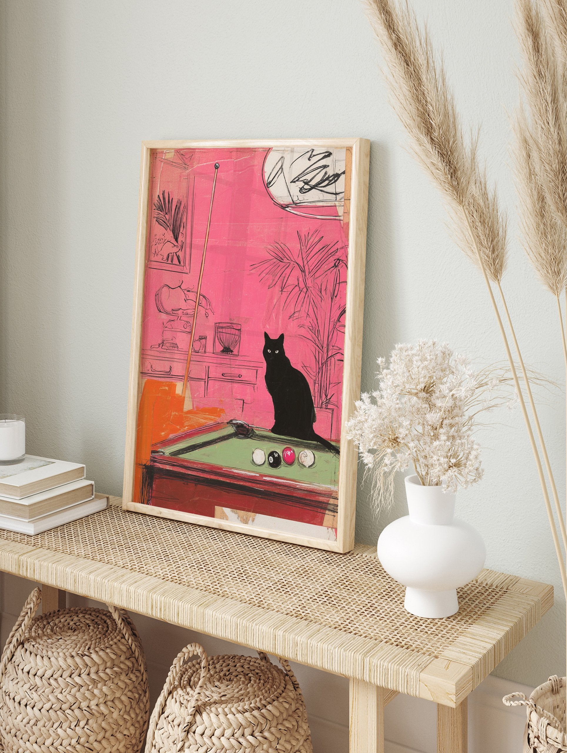 Black cat poster illustration showing a black cat sitting on a green pool table in a vibrant pink room with plants. - Image 4