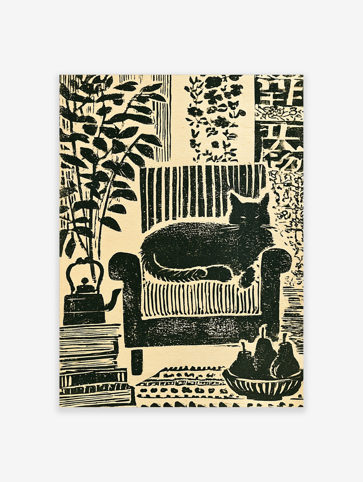 Black cat sleeping on a striped armchair with botanical leaves, kettle, books and pears in monochrome