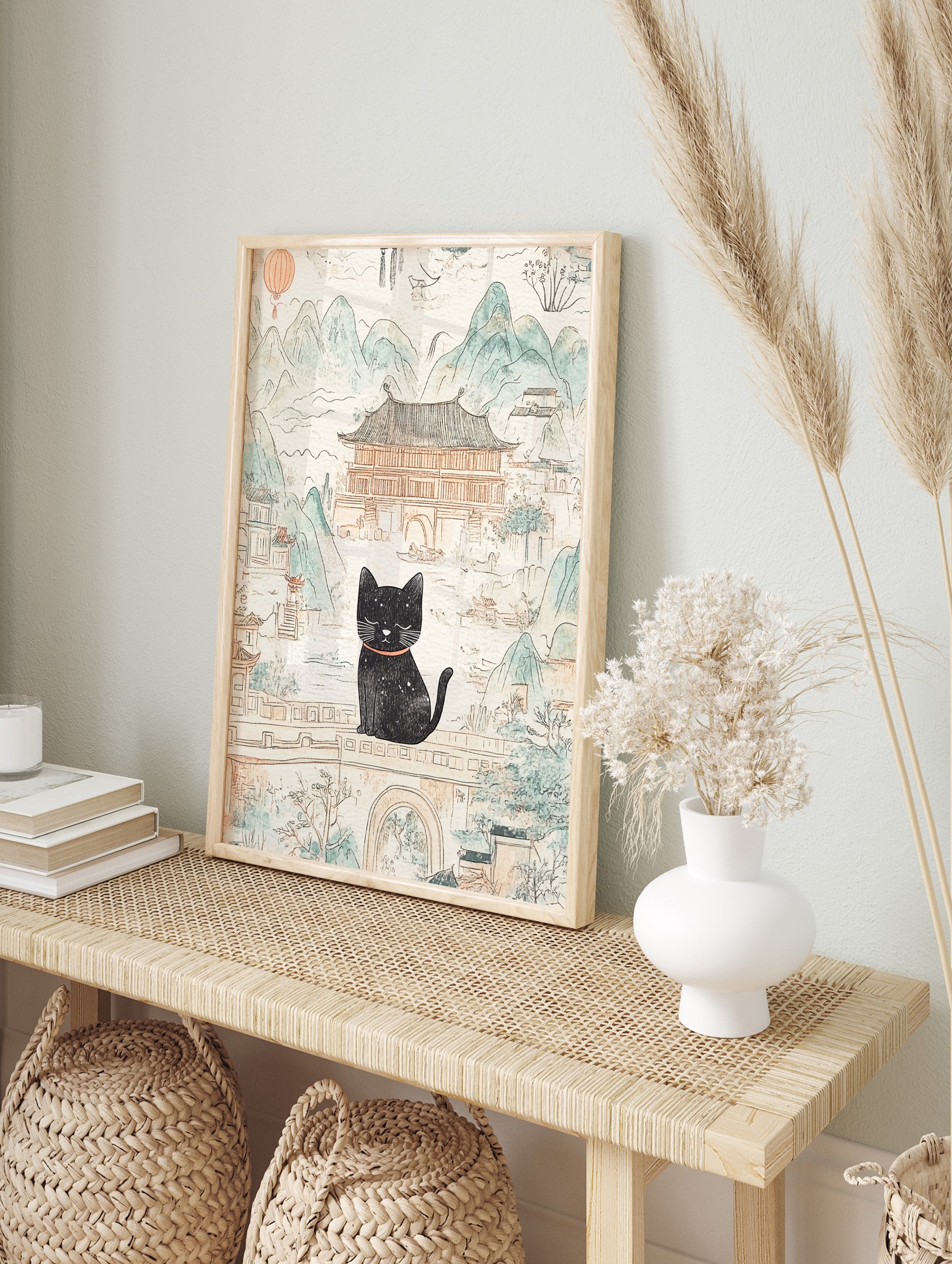 Black cat poster sitting on a bridge in an illustrated East Asian landscape with mountains, traditional buildings, and a lantern. - Image 4