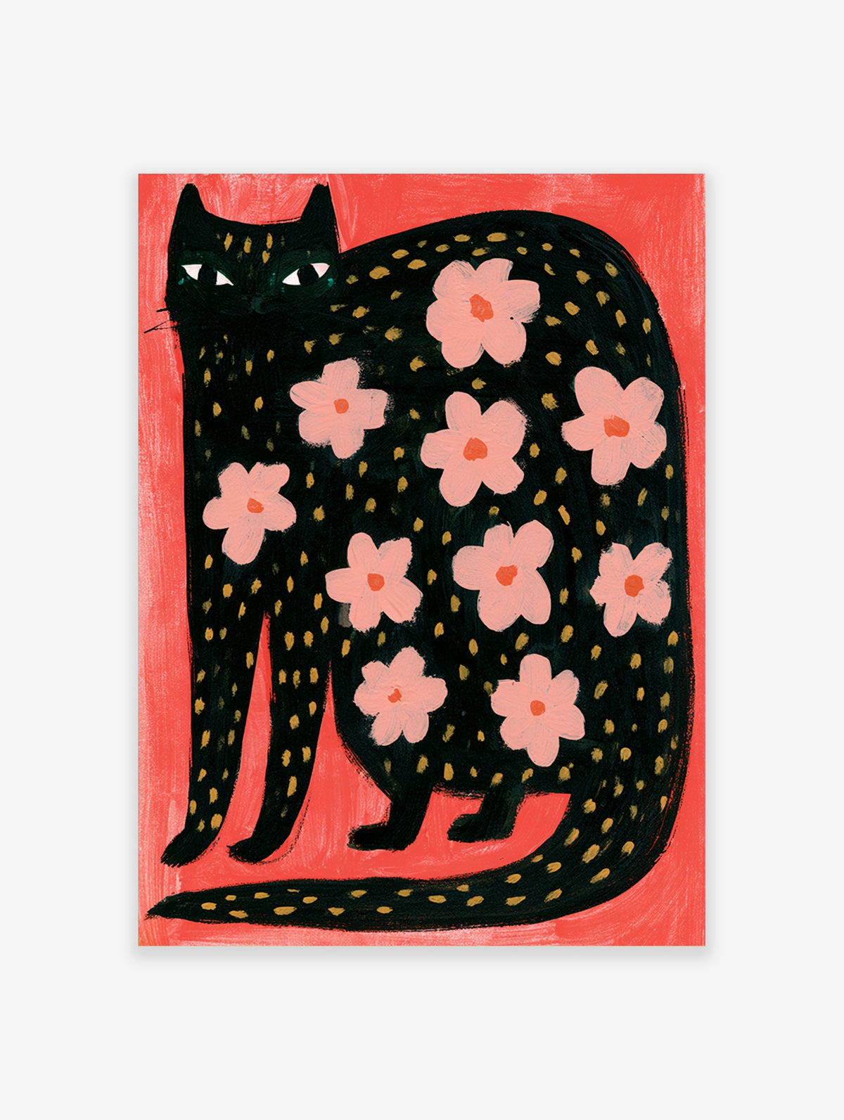 Black cat art print with pink flowers and gold spots on coral background