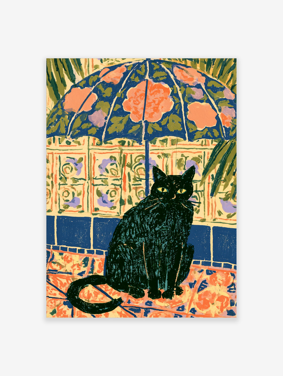 Black cat sitting under a blue floral umbrella with patterned tile background and palm leaves