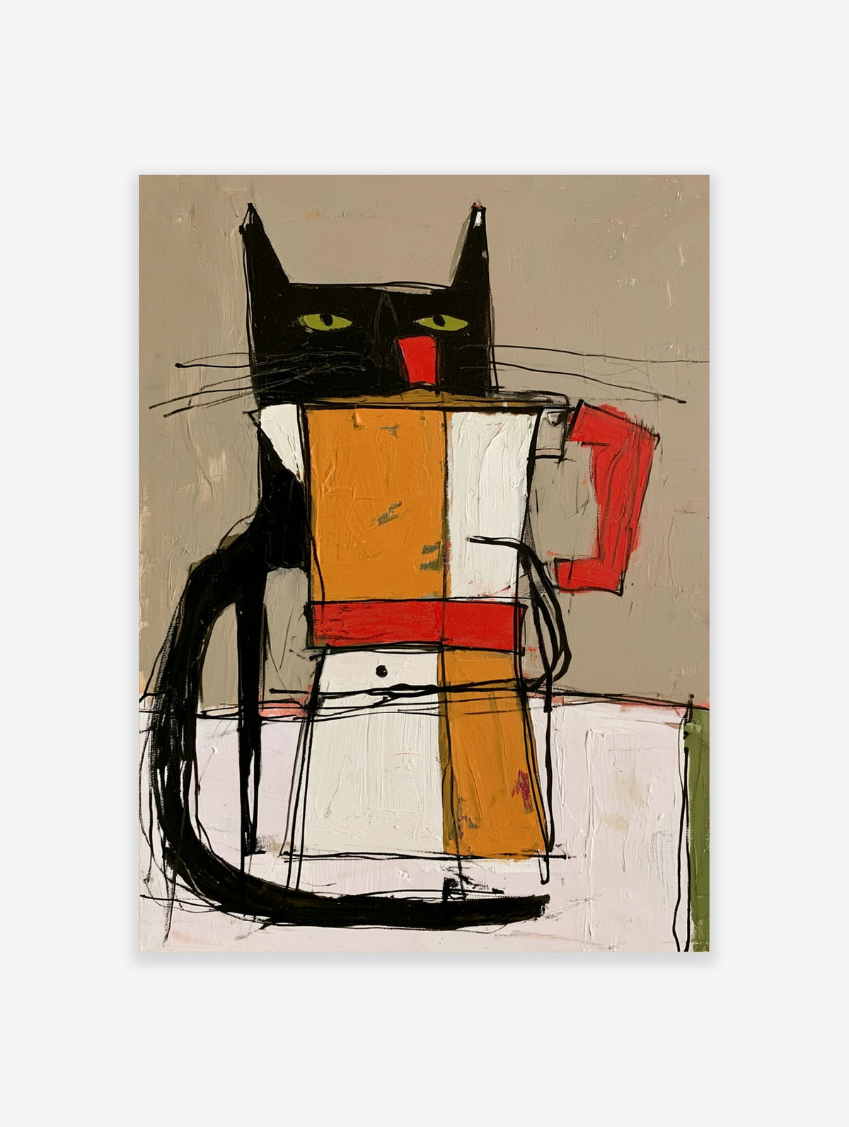 Geometric black cat art print with green eyes, red collar, and orange, white, and red block body on beige background