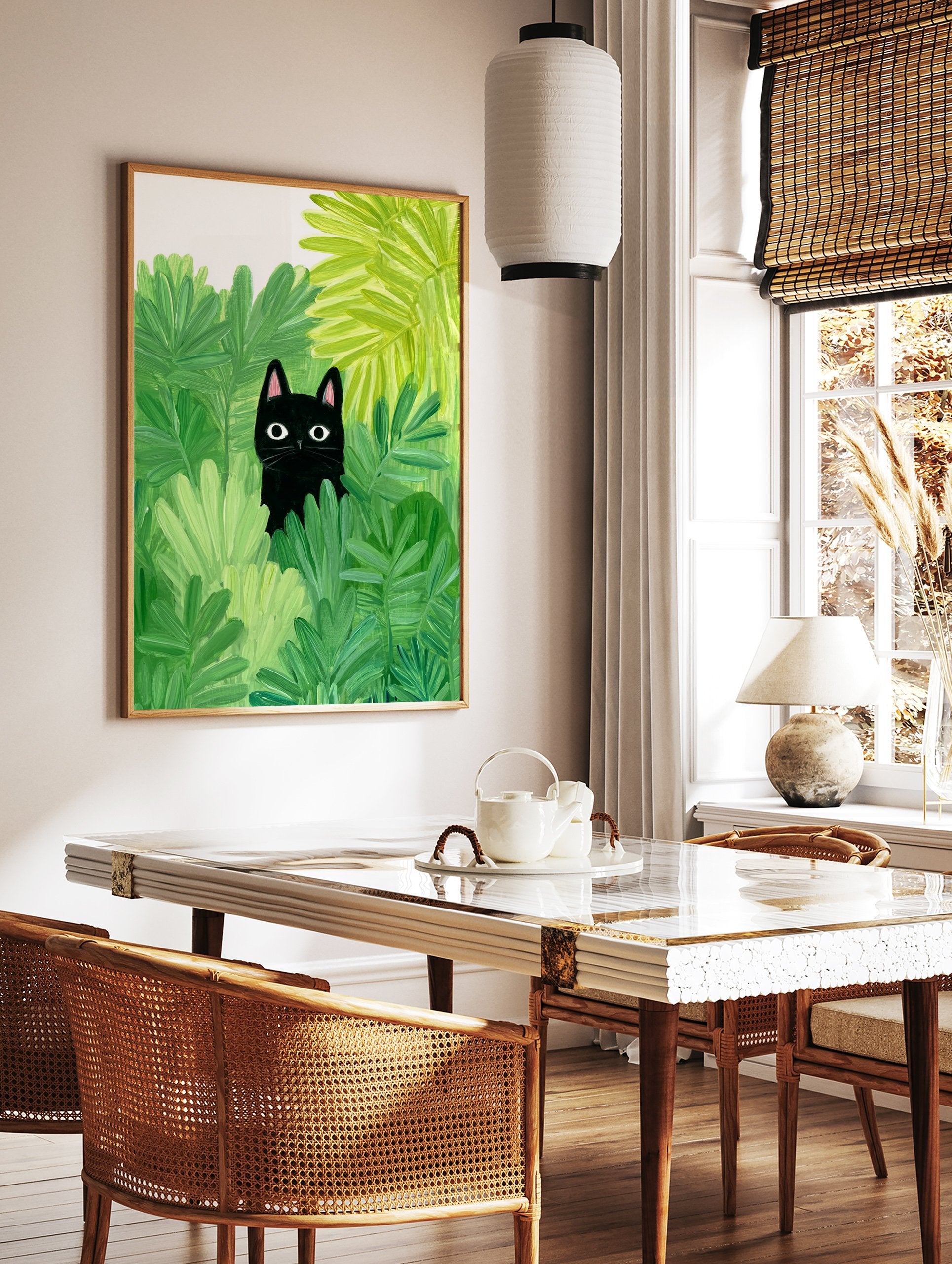 Illustration poster of a black cat with big eyes peeking out from vibrant green foliage and leaves. - Image 2