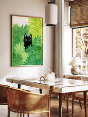 Illustration poster of a black cat with big eyes peeking out from vibrant green foliage and leaves. - Image 2