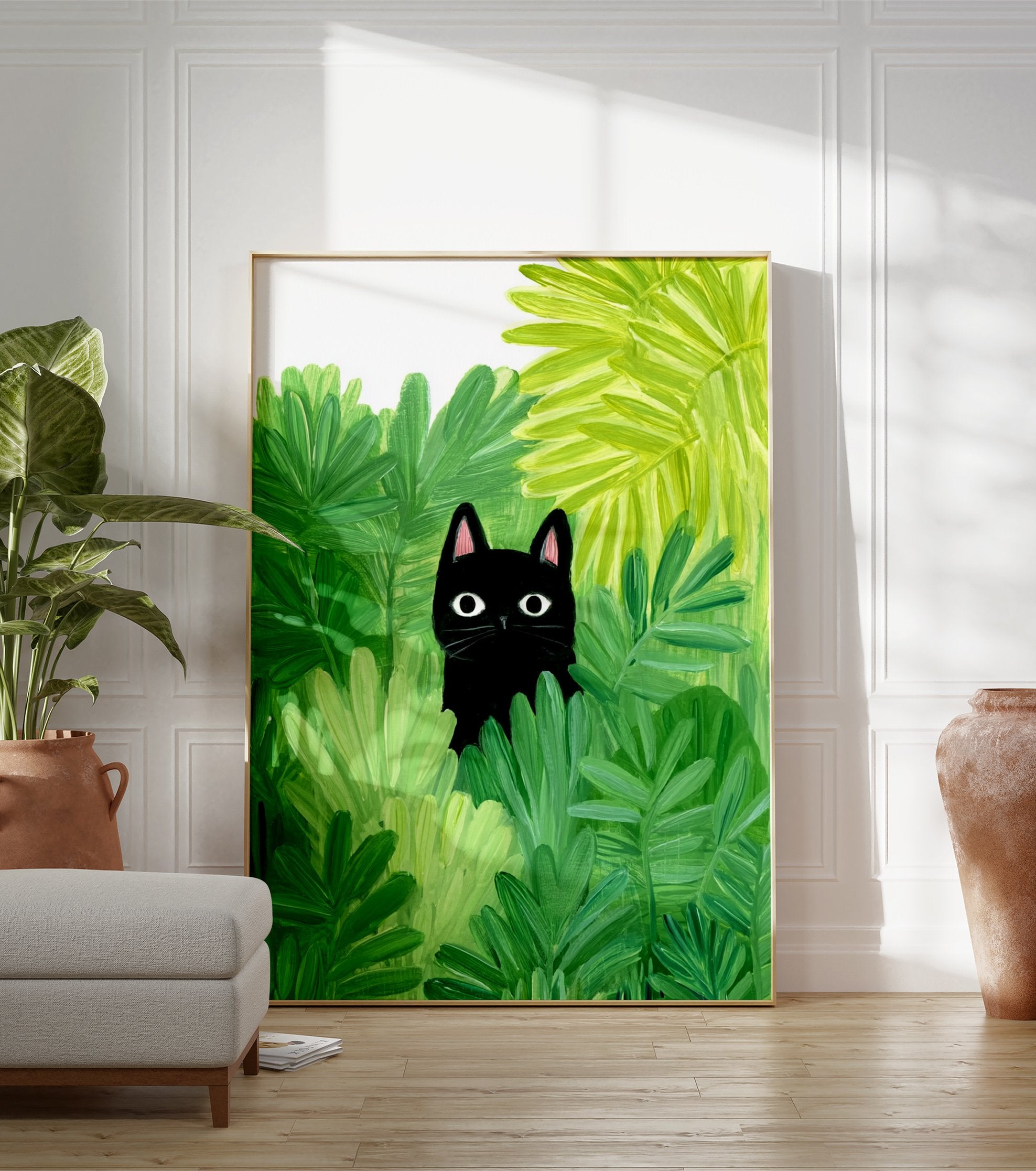 Illustration poster of a black cat with big eyes peeking out from vibrant green foliage and leaves. - Image 3