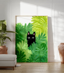 Illustration poster of a black cat with big eyes peeking out from vibrant green foliage and leaves. - Image 3