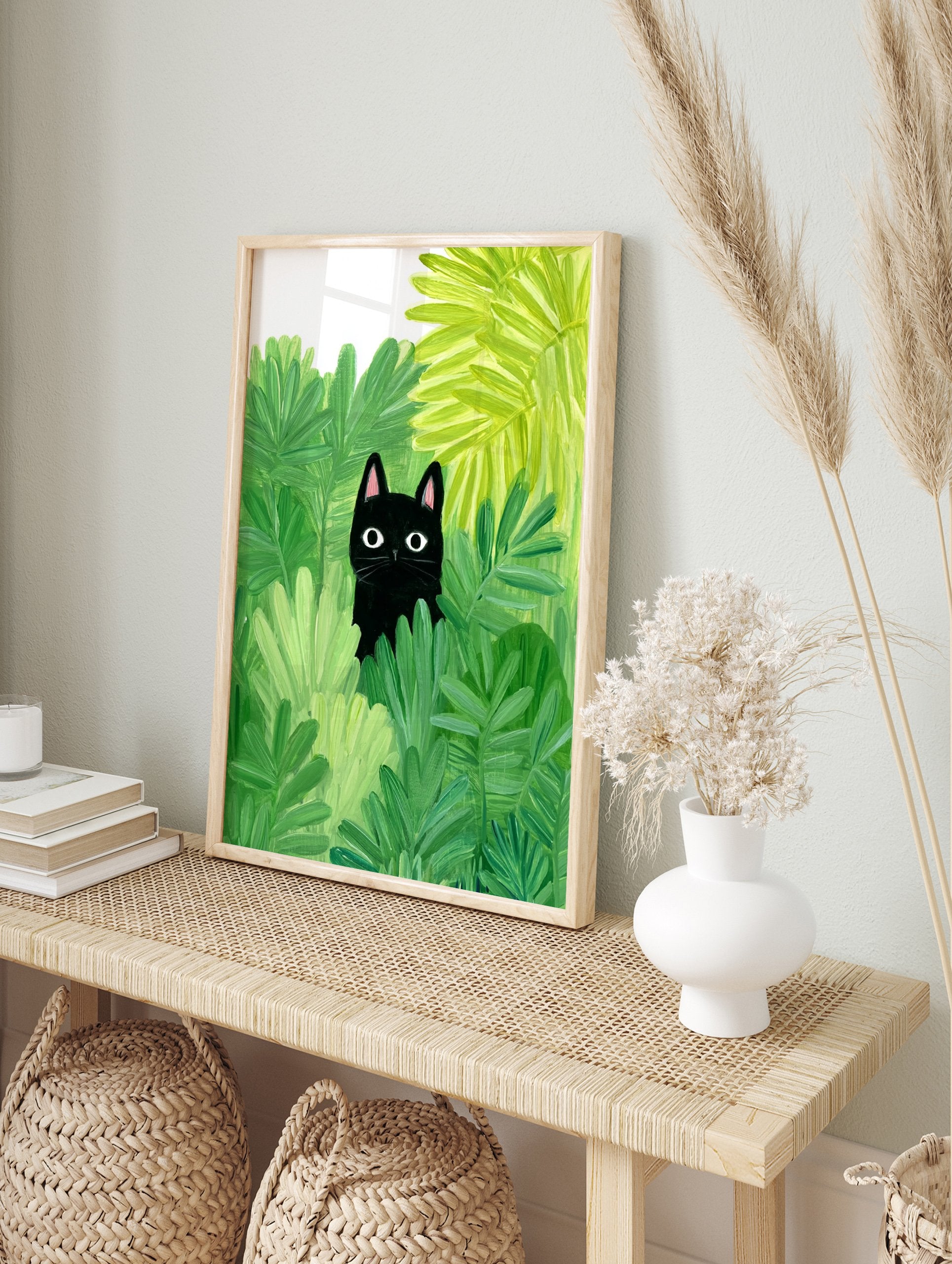 Illustration poster of a black cat with big eyes peeking out from vibrant green foliage and leaves. - Image 4