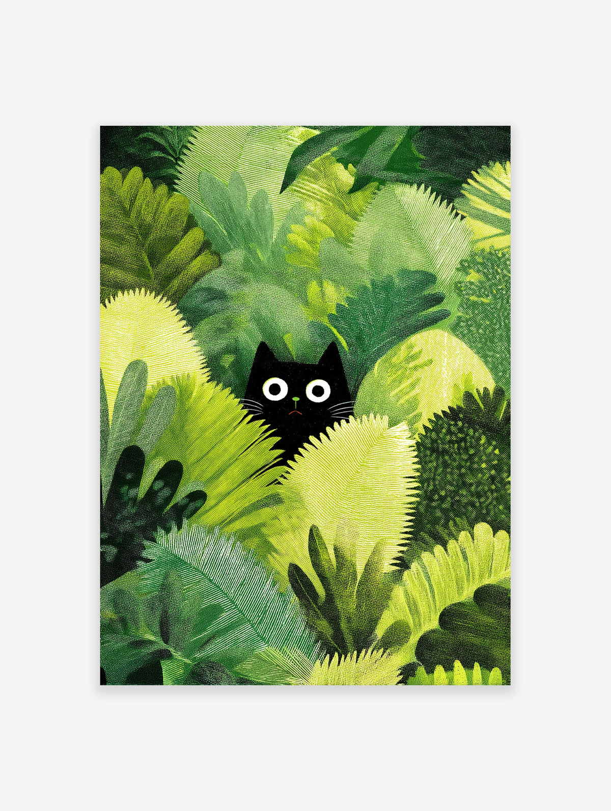Black cat poster peeking from dense green jungle foliage with wide white eyes, in a whimsical illustration style.