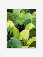 Black cat poster peeking from dense green jungle foliage with wide white eyes, in a whimsical illustration style.