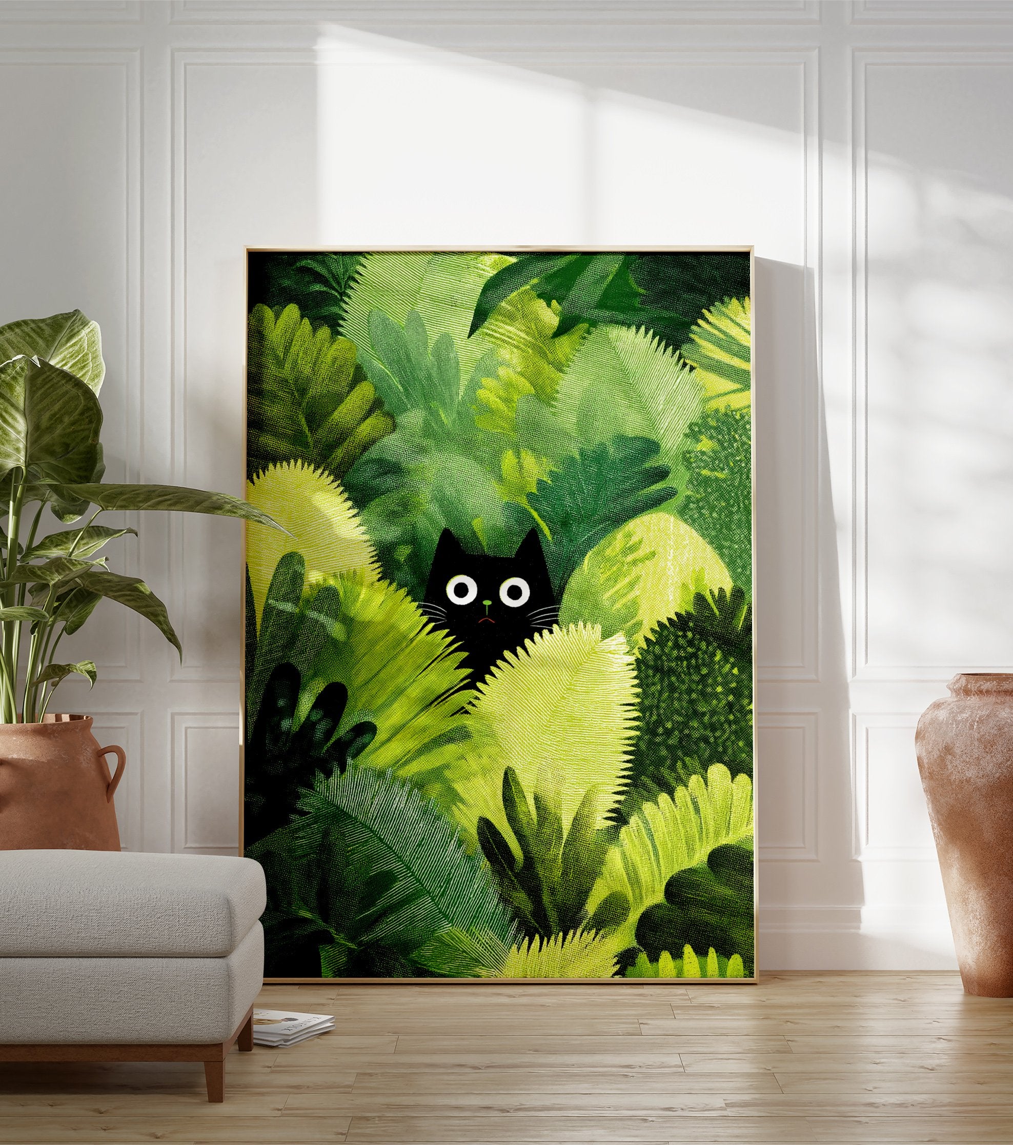 Black cat poster peeking from dense green jungle foliage with wide white eyes, in a whimsical illustration style. - Image 3