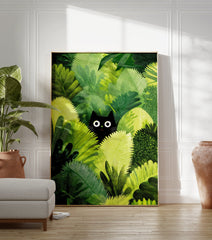 Black cat poster peeking from dense green jungle foliage with wide white eyes, in a whimsical illustration style. - Image 3