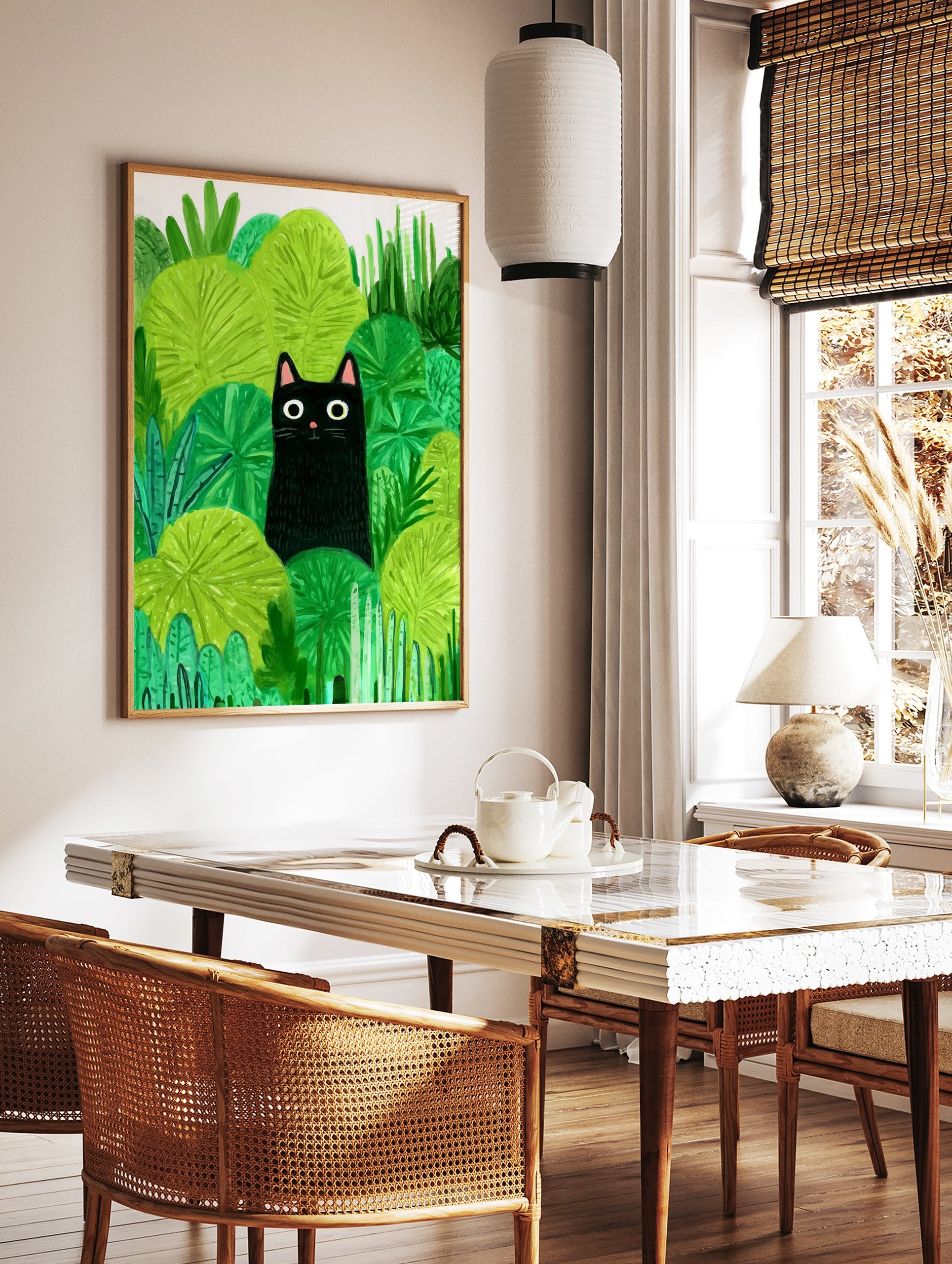 Black cat poster peeking from vibrant green jungle foliage illustration - Image 2