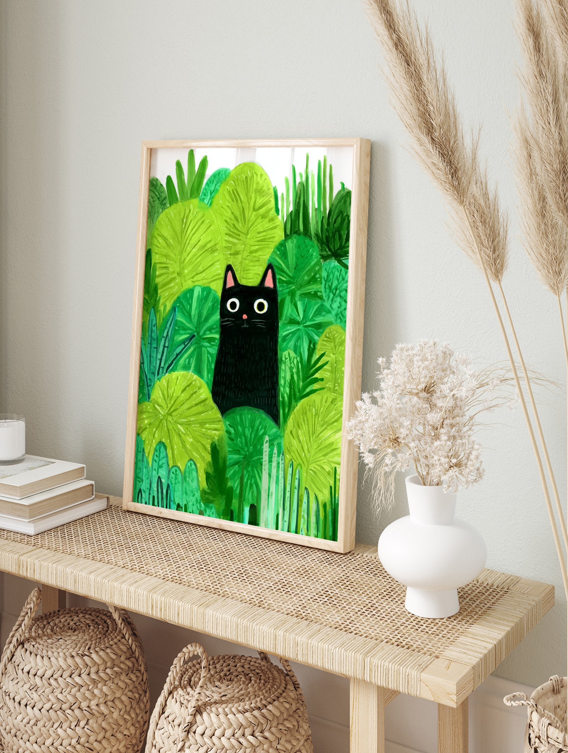Black cat poster peeking from vibrant green jungle foliage illustration - Image 4