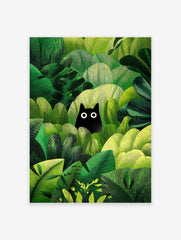 Black cat poster peeking from dense, textured green jungle foliage with bright white eyes, illustrated art print.
