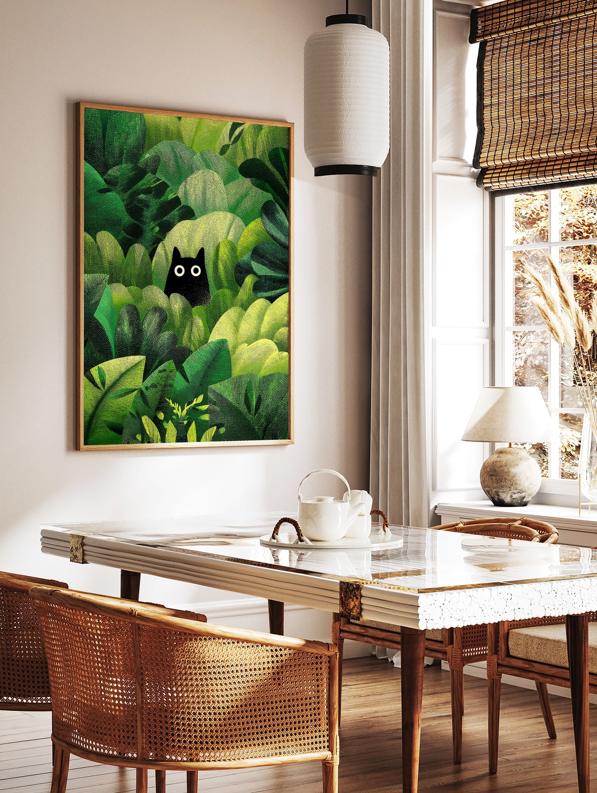 Black cat poster peeking from dense, textured green jungle foliage with bright white eyes, illustrated art print. - Image 2