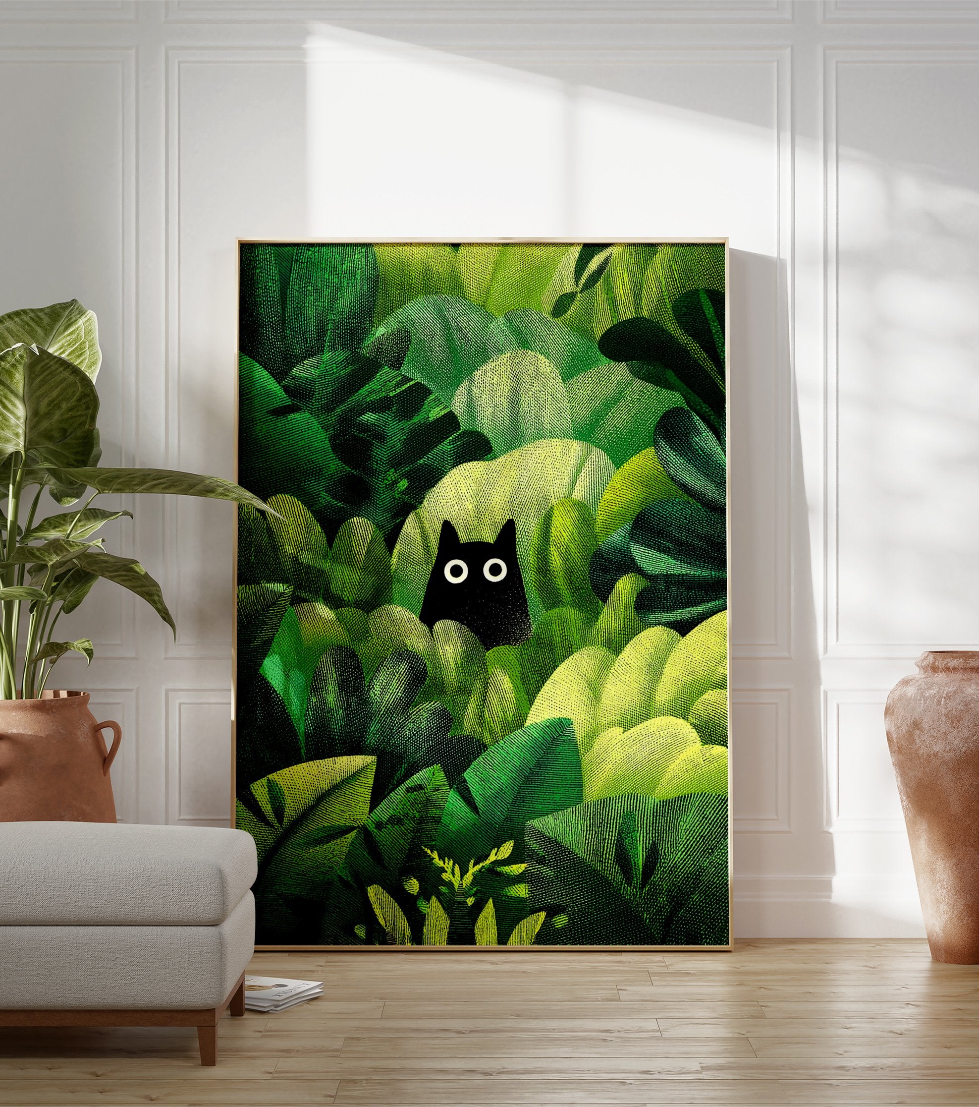 Black cat poster peeking from dense, textured green jungle foliage with bright white eyes, illustrated art print. - Image 3