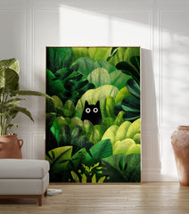 Black cat poster peeking from dense, textured green jungle foliage with bright white eyes, illustrated art print. - Image 3