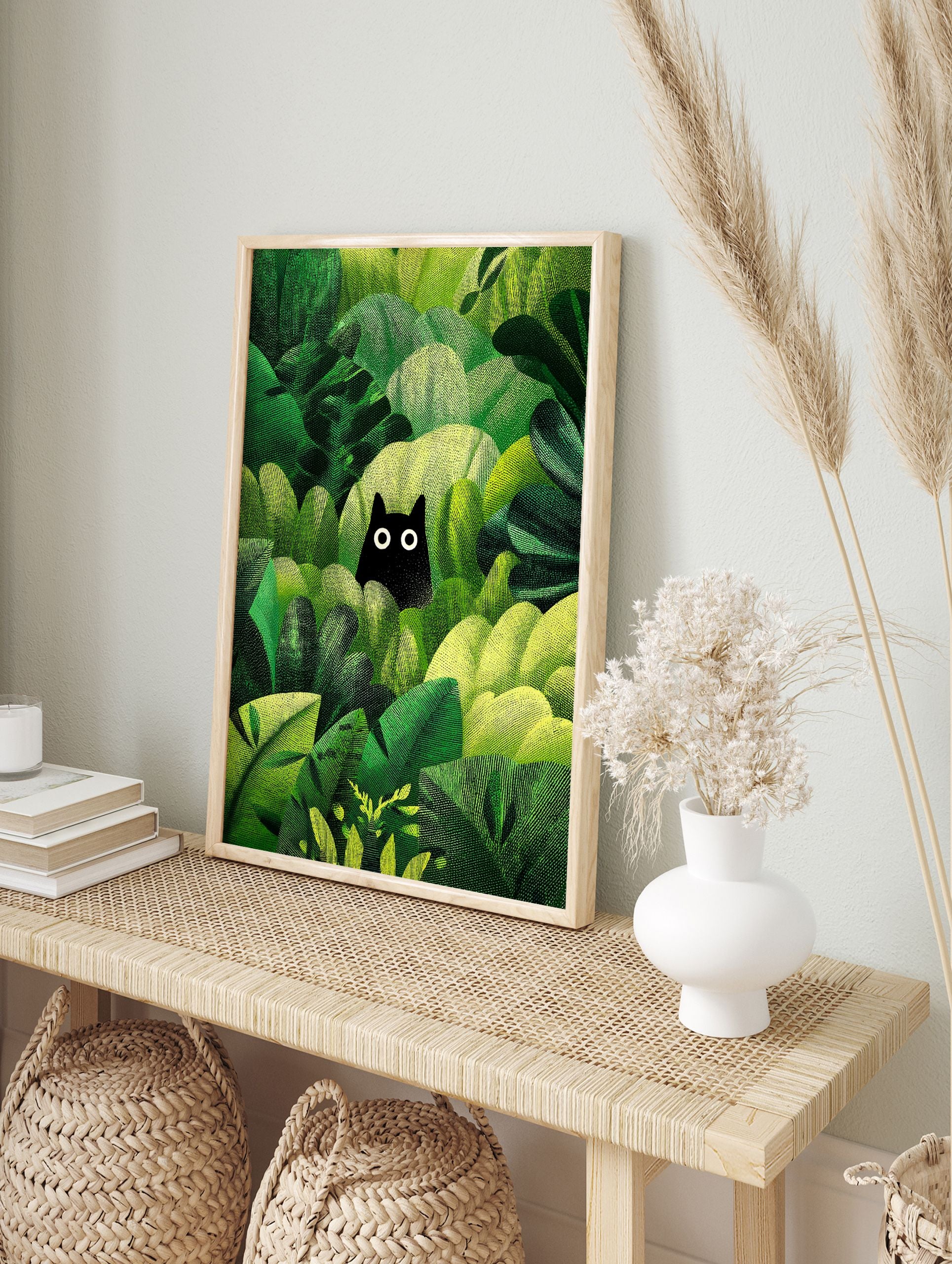 Black cat poster peeking from dense, textured green jungle foliage with bright white eyes, illustrated art print. - Image 4