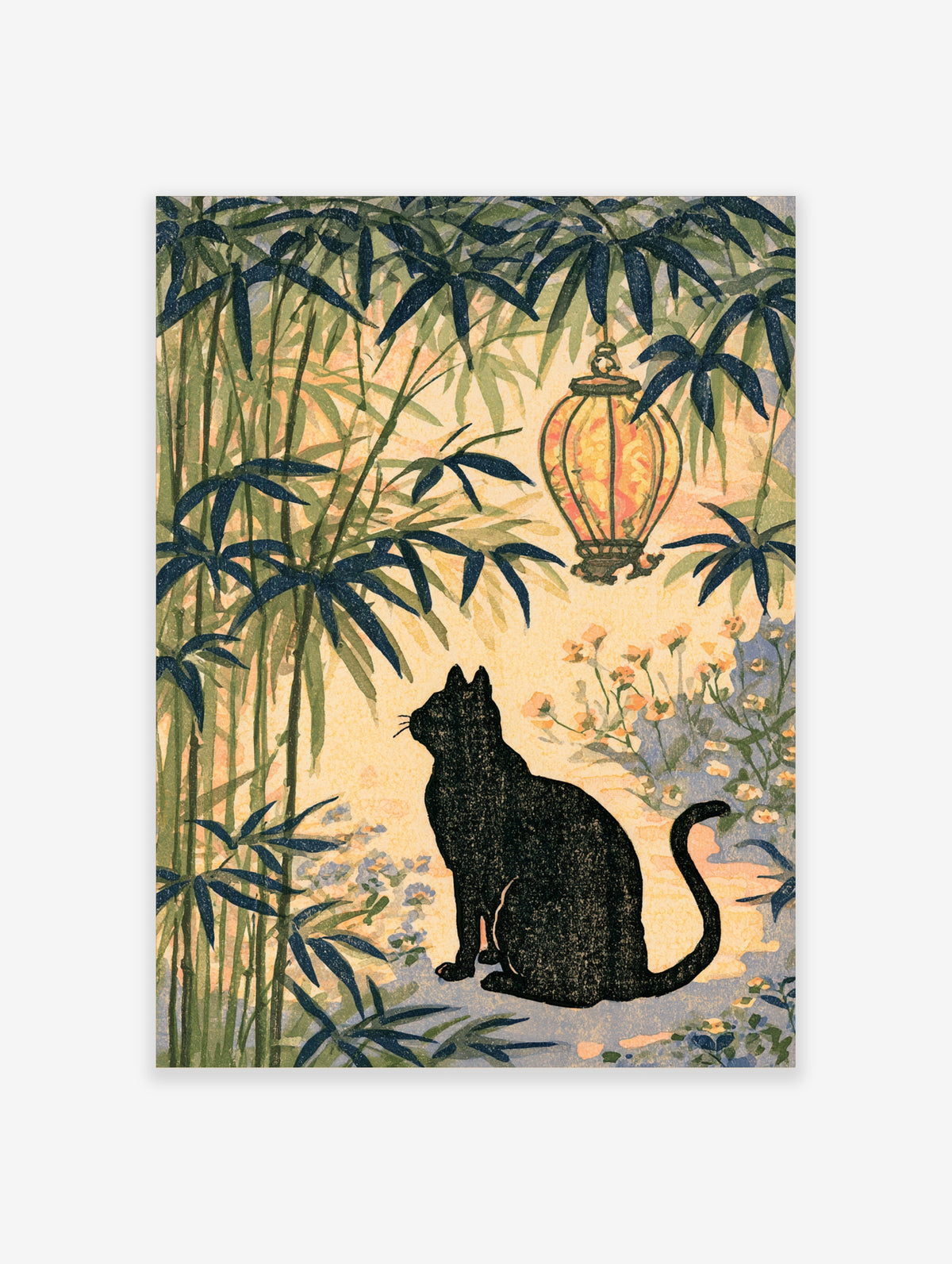 Black cat sitting under bamboo leaves with a glowing Japanese lantern, vintage illustration art print