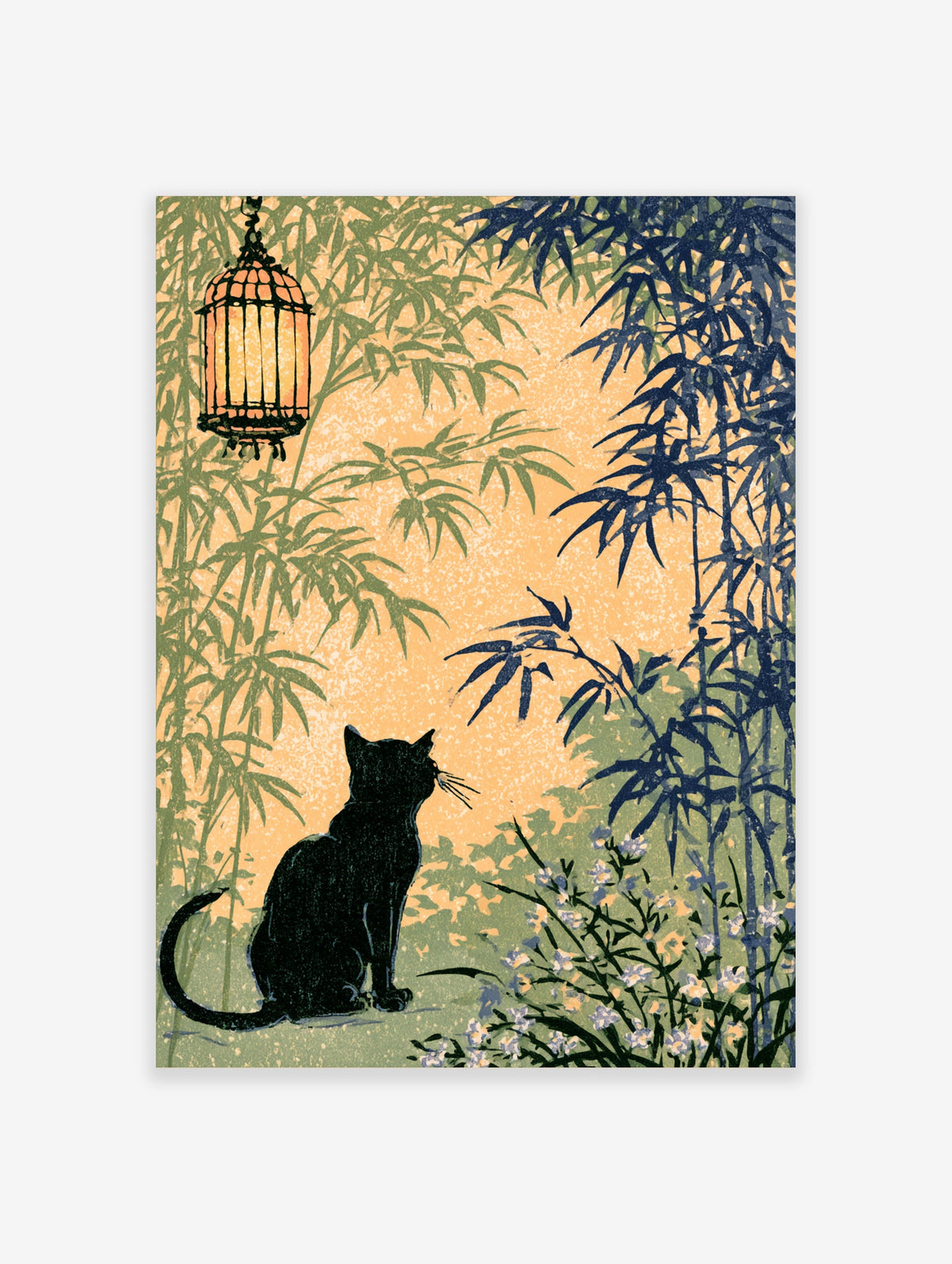 Black cat sitting in profile looking at a hanging lantern surrounded by green and navy bamboo