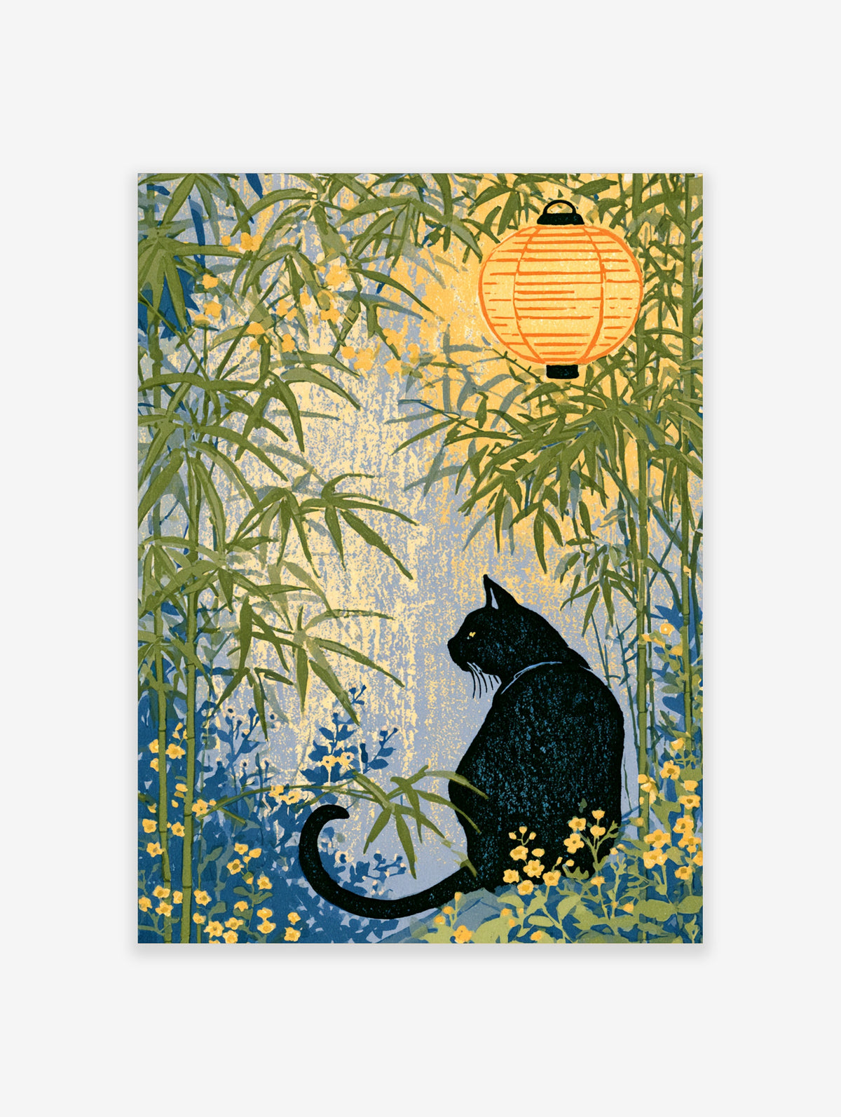 Black cat sitting in profile among green bamboo and yellow flowers with an orange paper lantern above