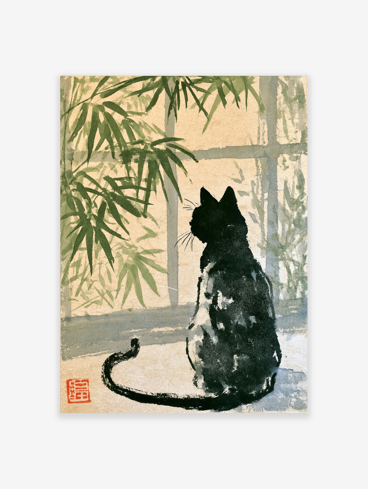 Black cat sitting by a window with green bamboo leaves in a Japanese ink style art print