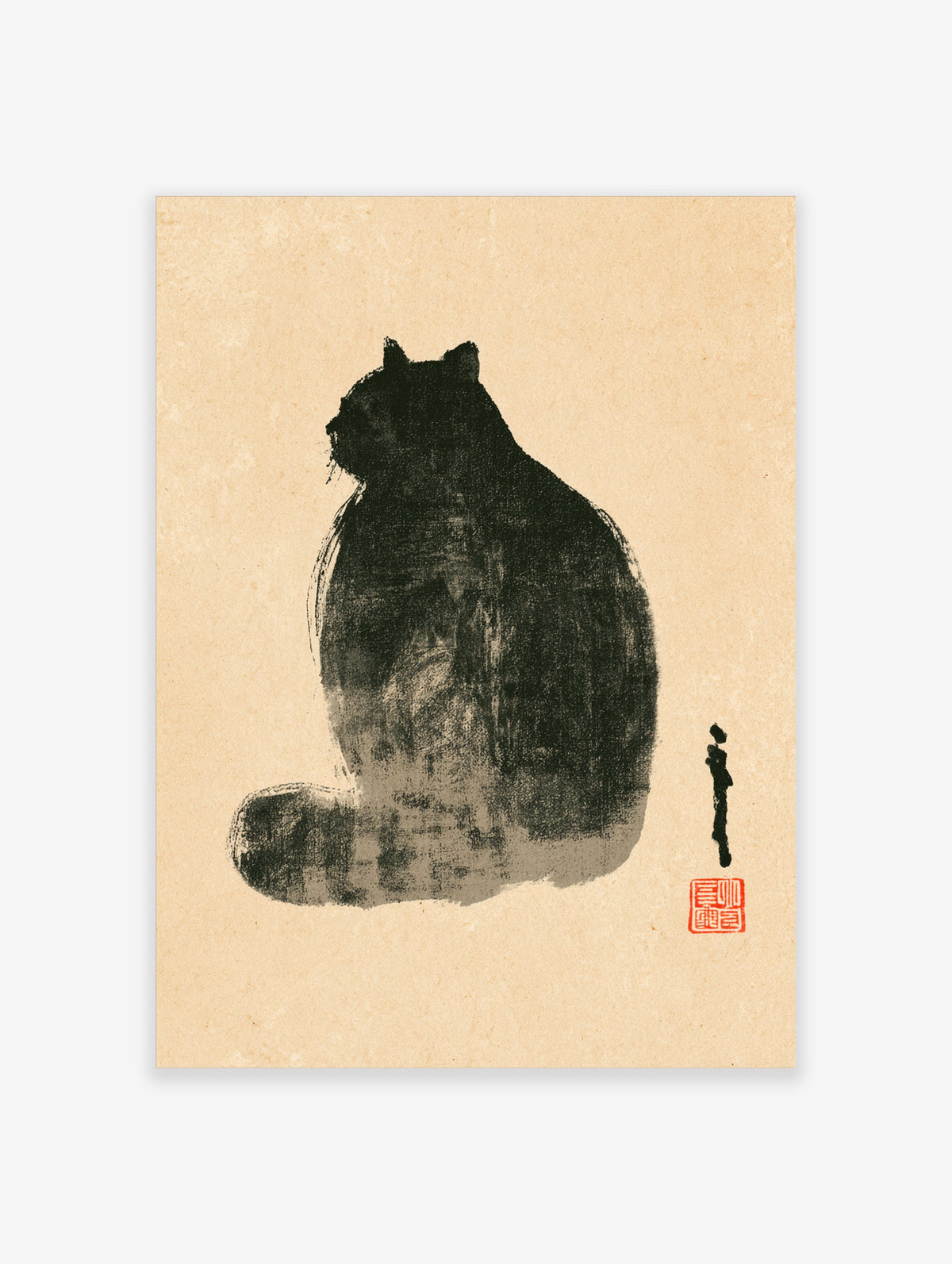 Seated black cat in Japanese ink style with grey washes and red seal on beige background