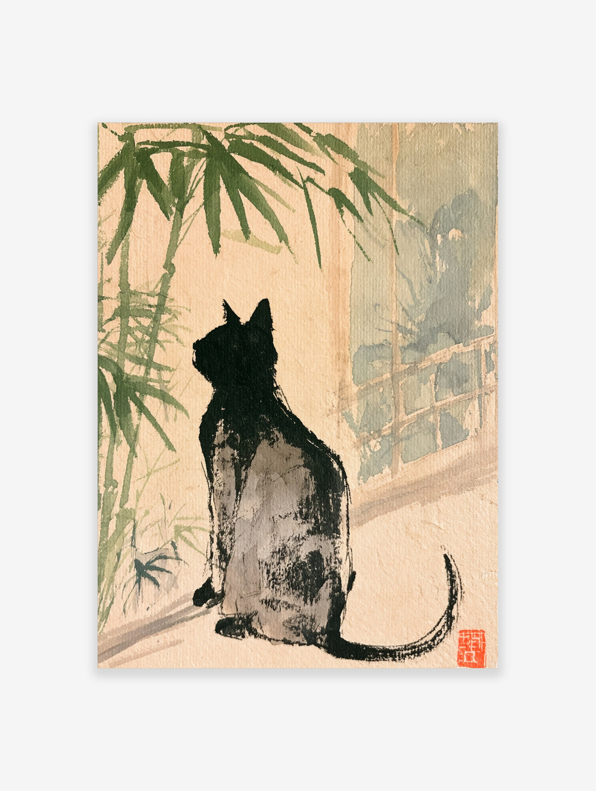 Black cat sitting beside green bamboo in Japanese ink style art print with red seal