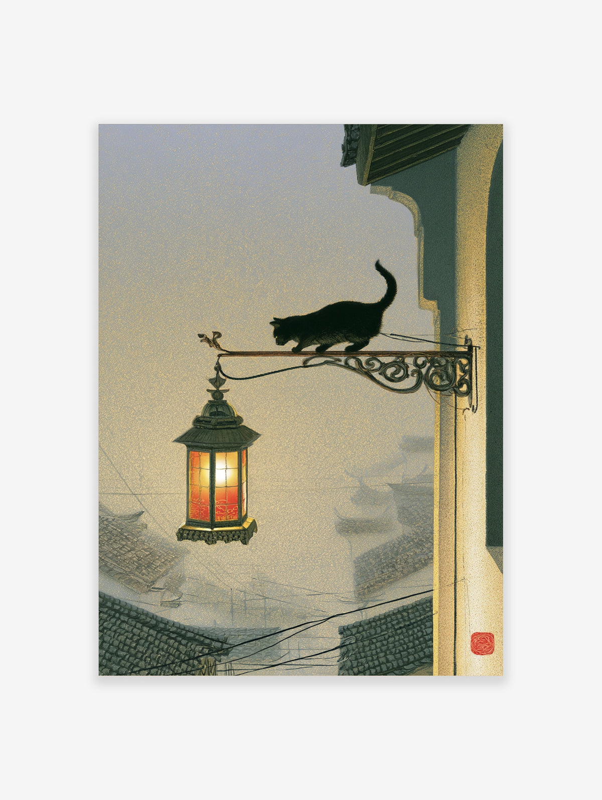 Black cat on metal bracket beside glowing Japanese lantern, misty tiled rooftops background