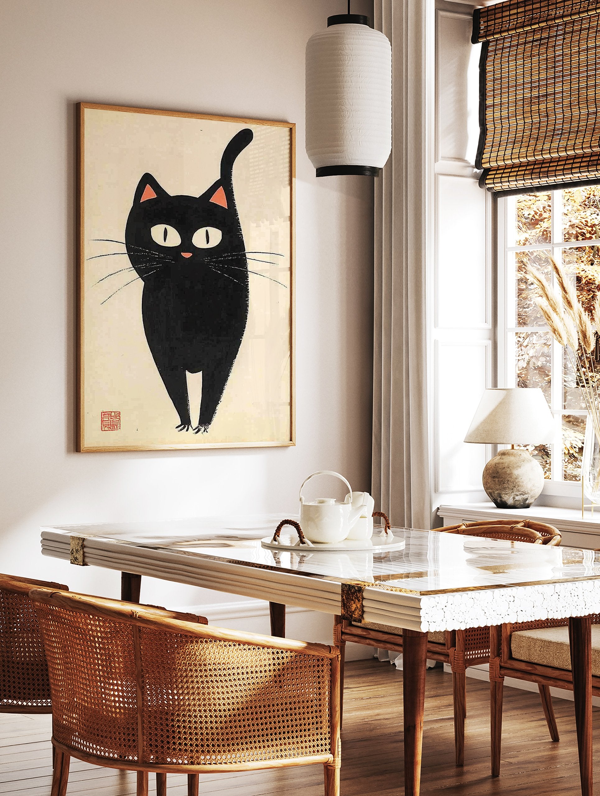Minimalist black cat poster in Japanese illustrative style with large white eyes and pink nose on a cream background. - Image 2