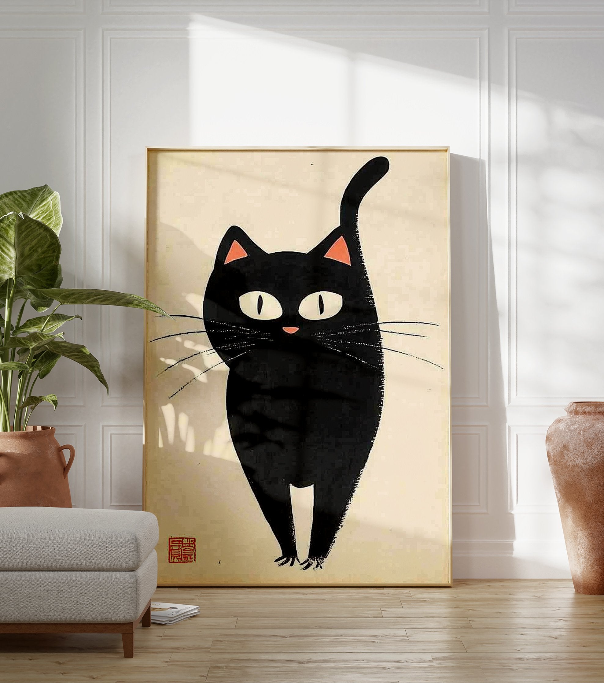 Minimalist black cat poster in Japanese illustrative style with large white eyes and pink nose on a cream background. - Image 3