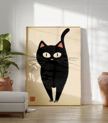 Minimalist black cat poster in Japanese illustrative style with large white eyes and pink nose on a cream background. - Image 3
