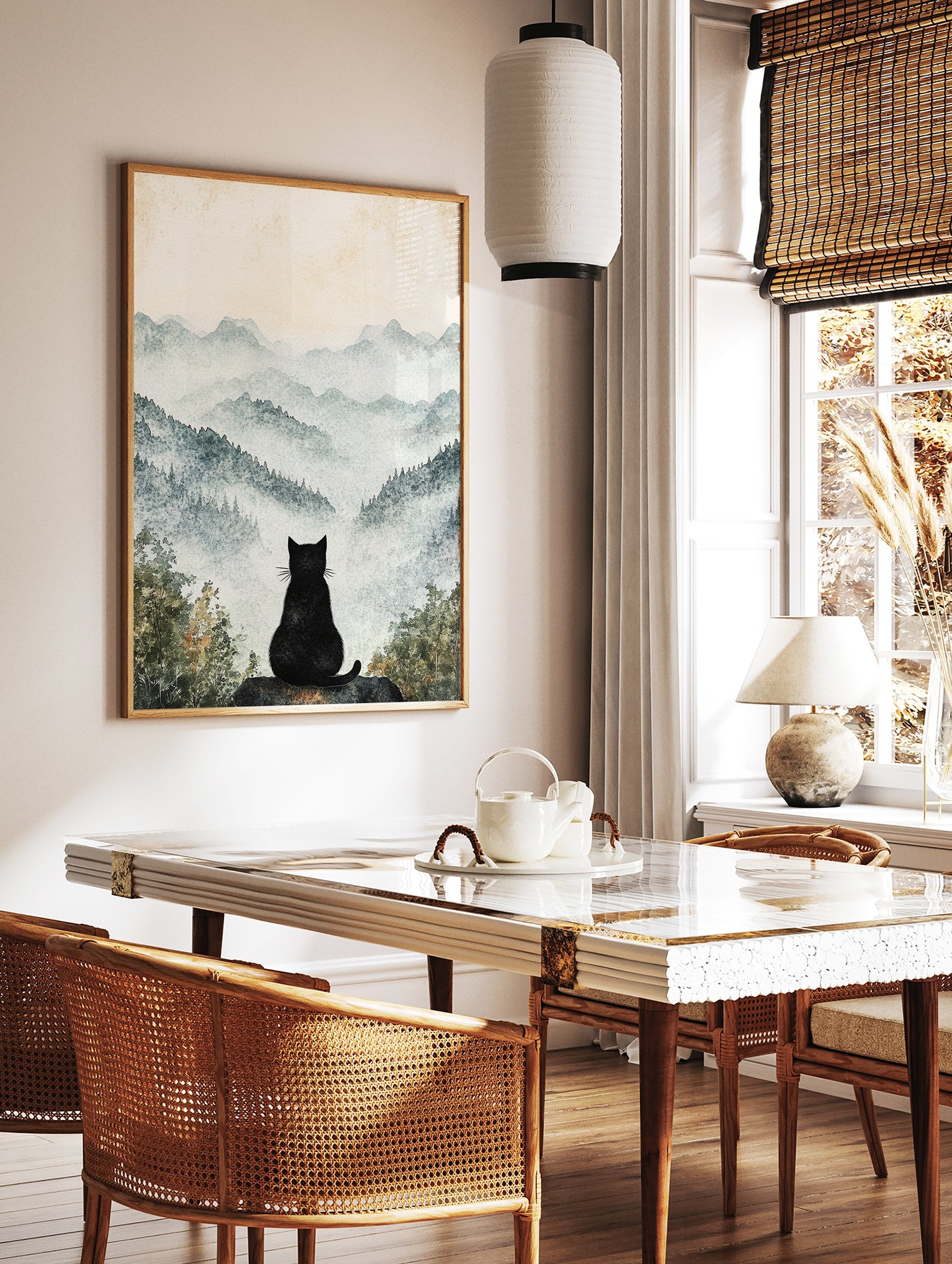 Black cat poster sitting on a rock, looking out over a serene misty mountain landscape with watercolor trees in the foreground. - Image 2