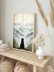 Black cat poster sitting on a rock, looking out over a serene misty mountain landscape with watercolor trees in the foreground. - Image 4