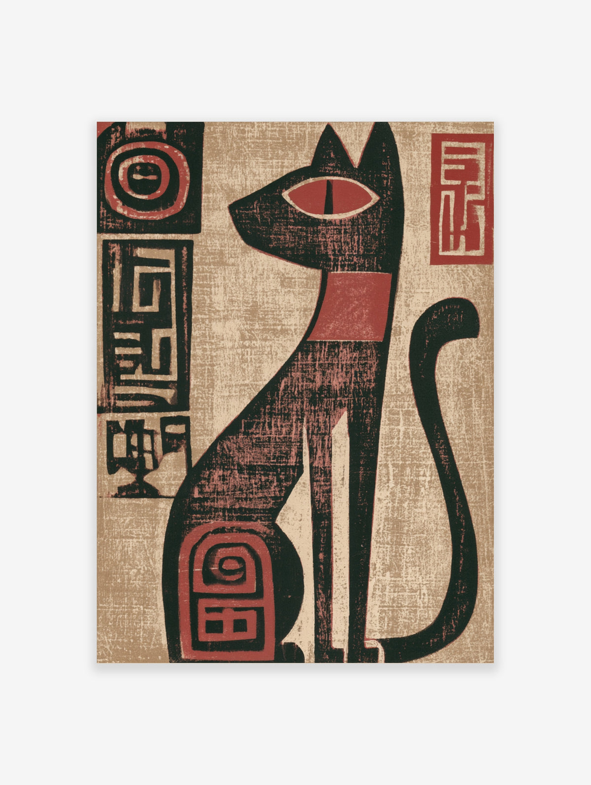 Black cat poster with red collar and geometric symbols on beige background