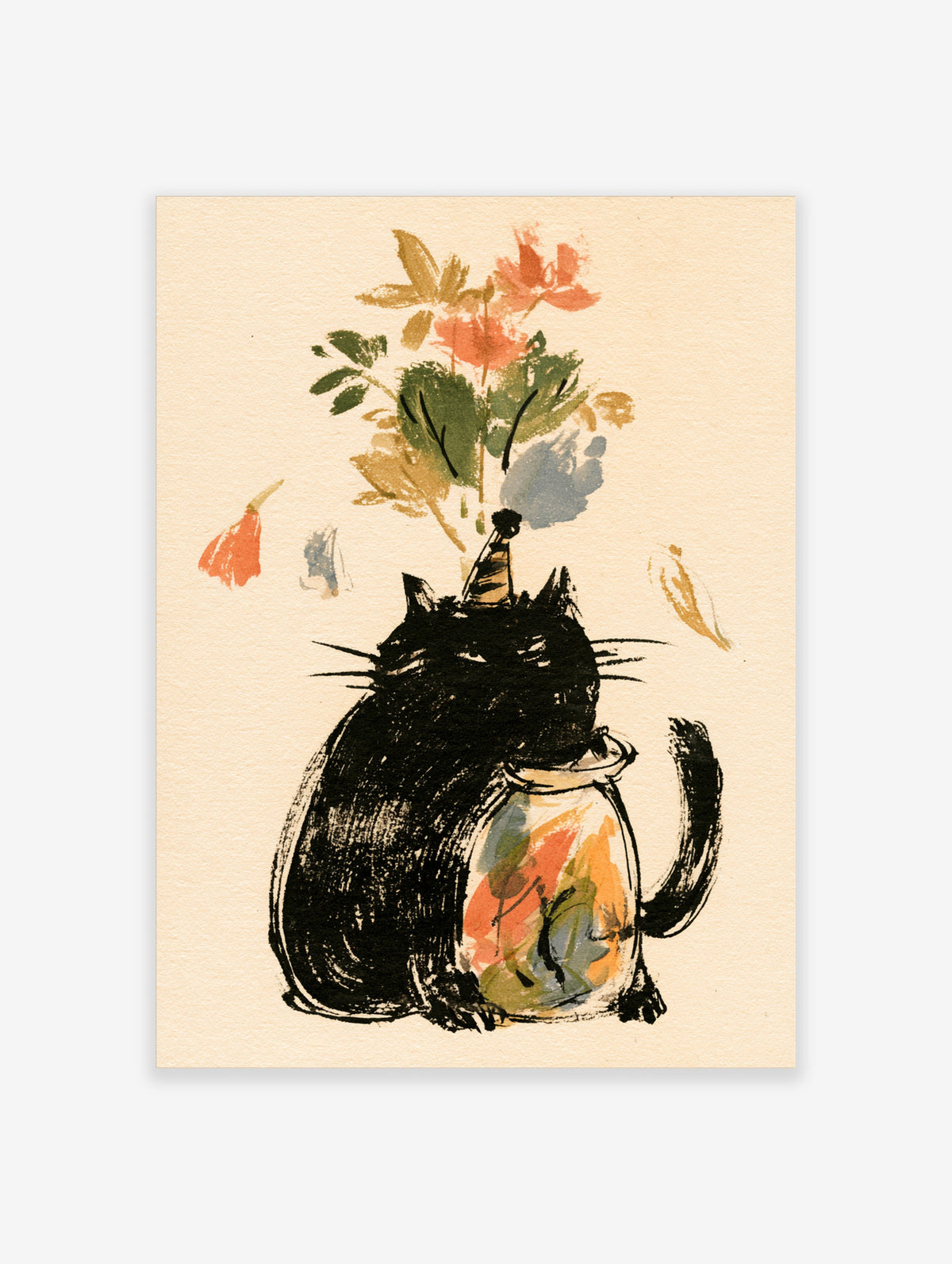 Black cat in a party hat beside a glass vase with colourful floral brushstrokes on cream paper