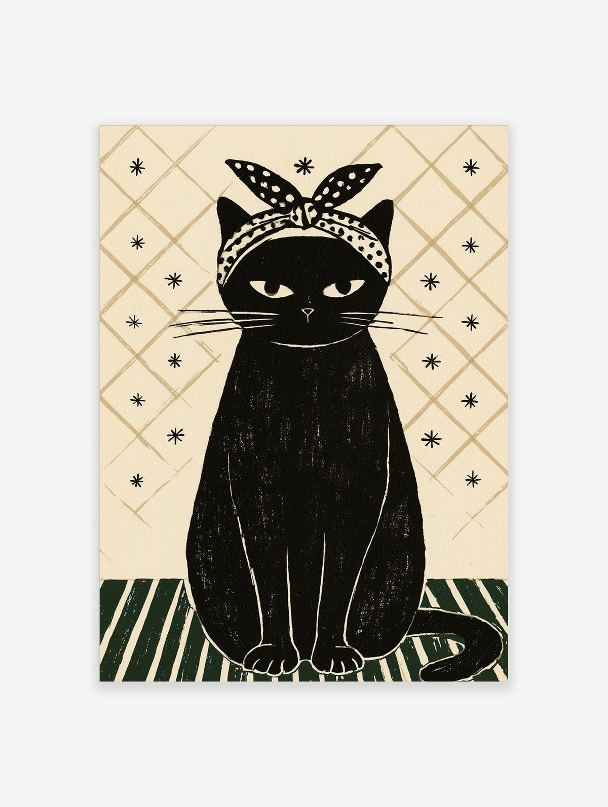 Black cat illustration with polka dot bandana on cream diamond lattice background, green striped surface