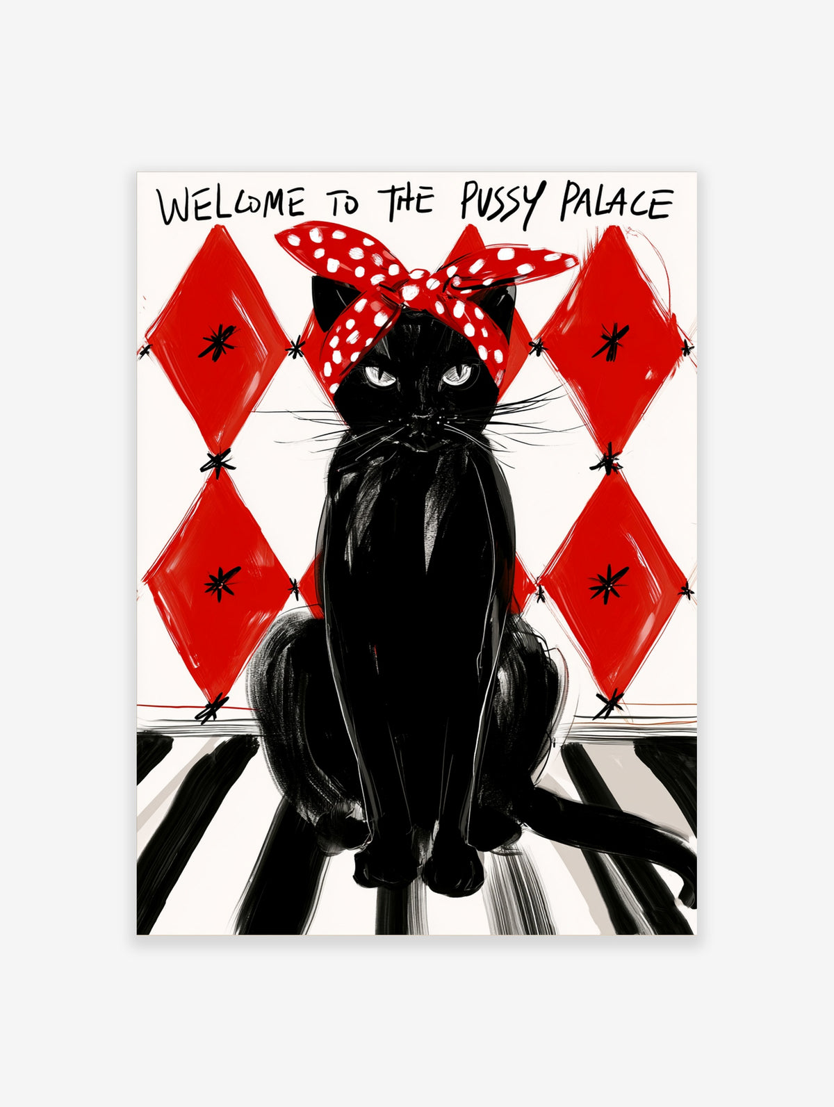 Black cat poster with red polka dot bandana and Pussy Palace text, red diamond background