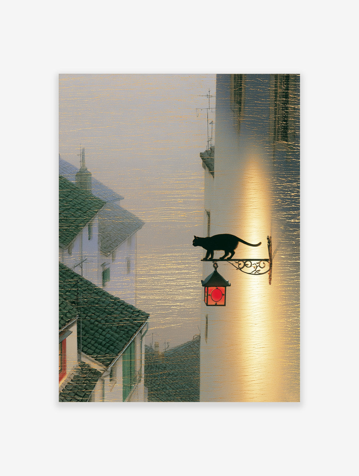 Black cat silhouette standing on a metal bracket with a red lantern against a warm wall and green rooftops