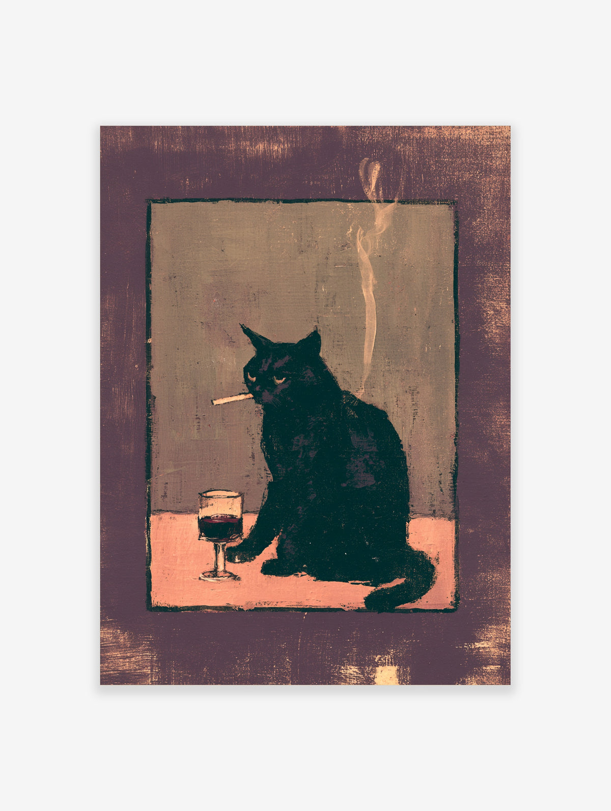 Black cat poster with cigarette and red wine glass on textured grey and pink background
