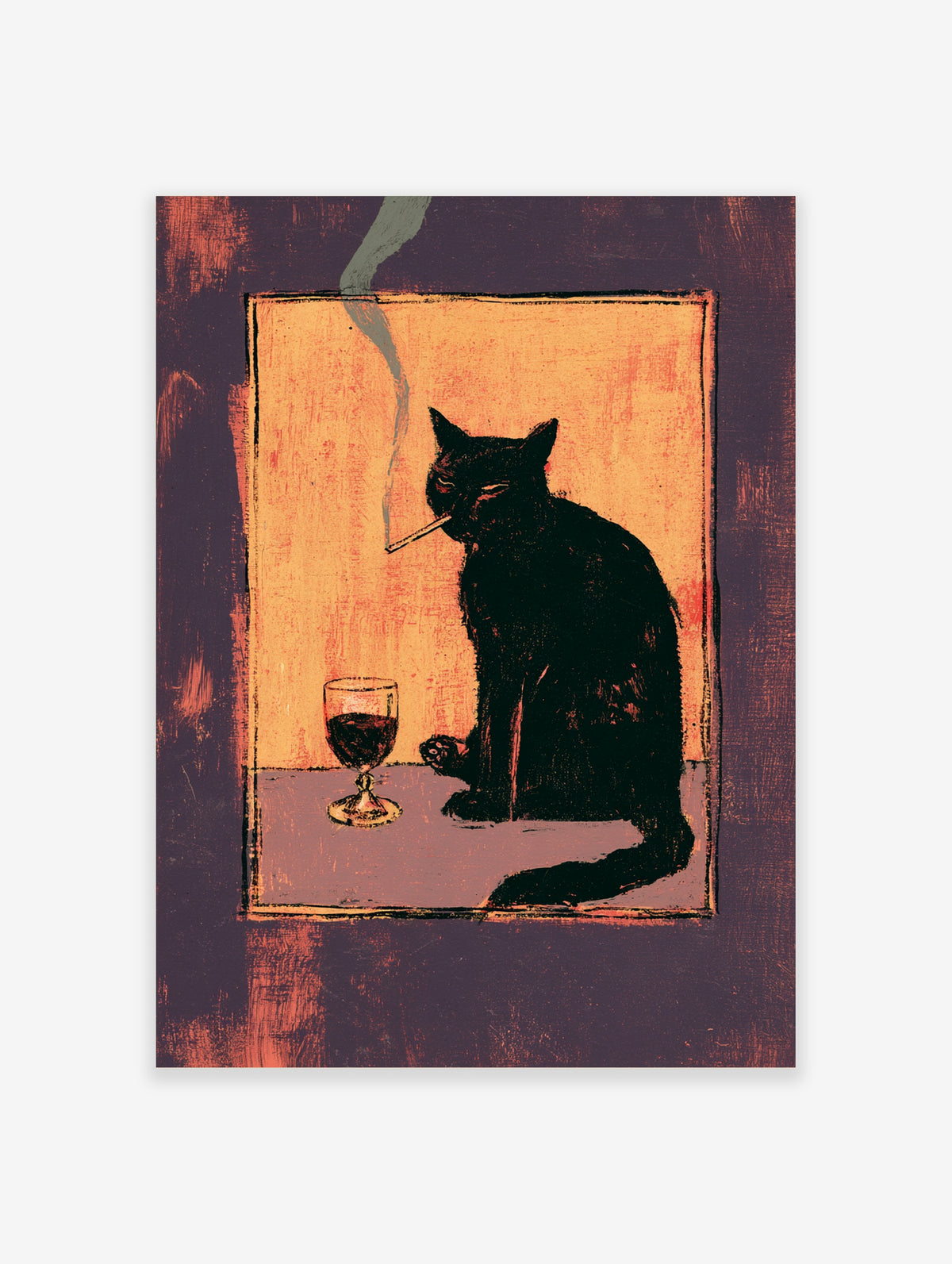 Black cat poster with lit cigarette and red wine glass on orange and purple background