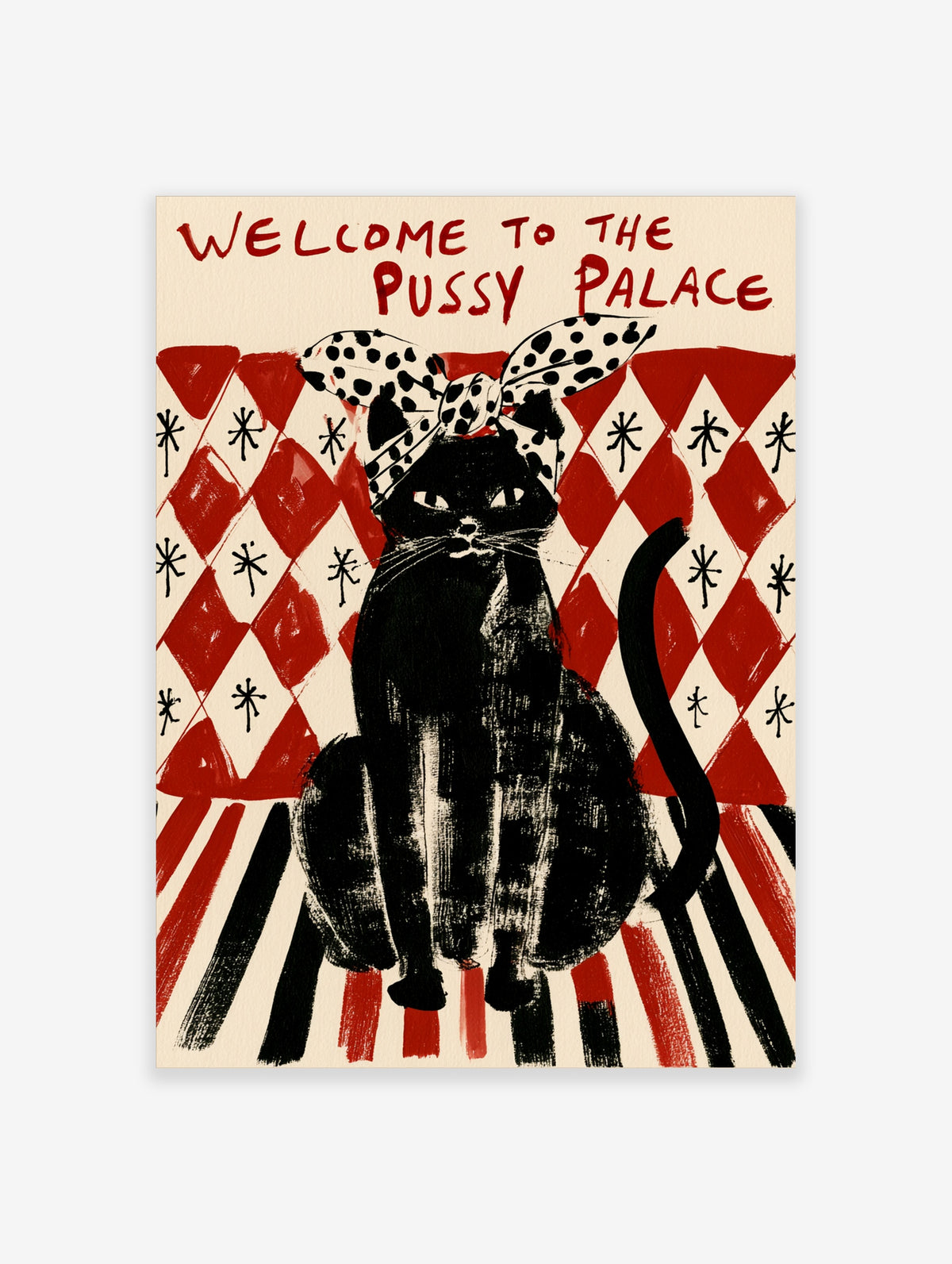 Black cat poster with red text Welcome To The Pussy Palace on a red and white checkerboard background