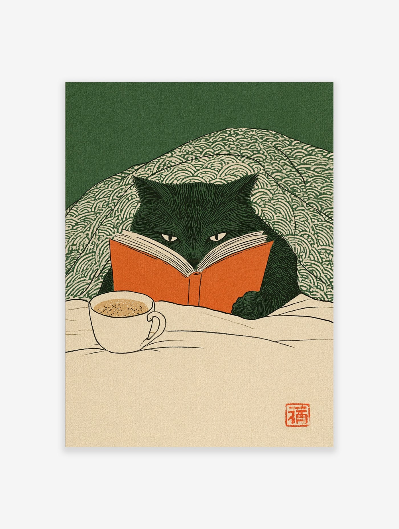 Black cat reading an orange book under a patterned green blanket with a cup of coffee, illustrative style