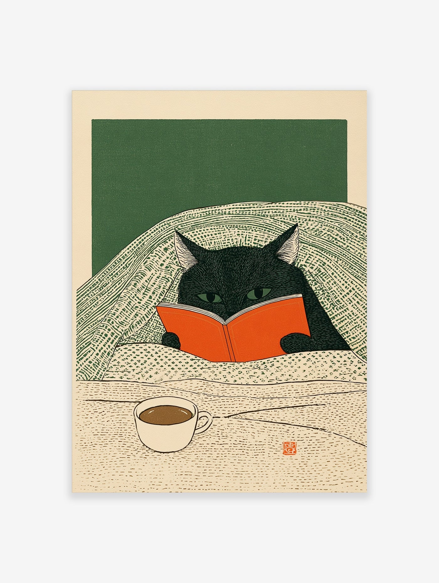 Black cat reading an orange book under a green blanket with a cup of coffee, illustrative style art print on cream
