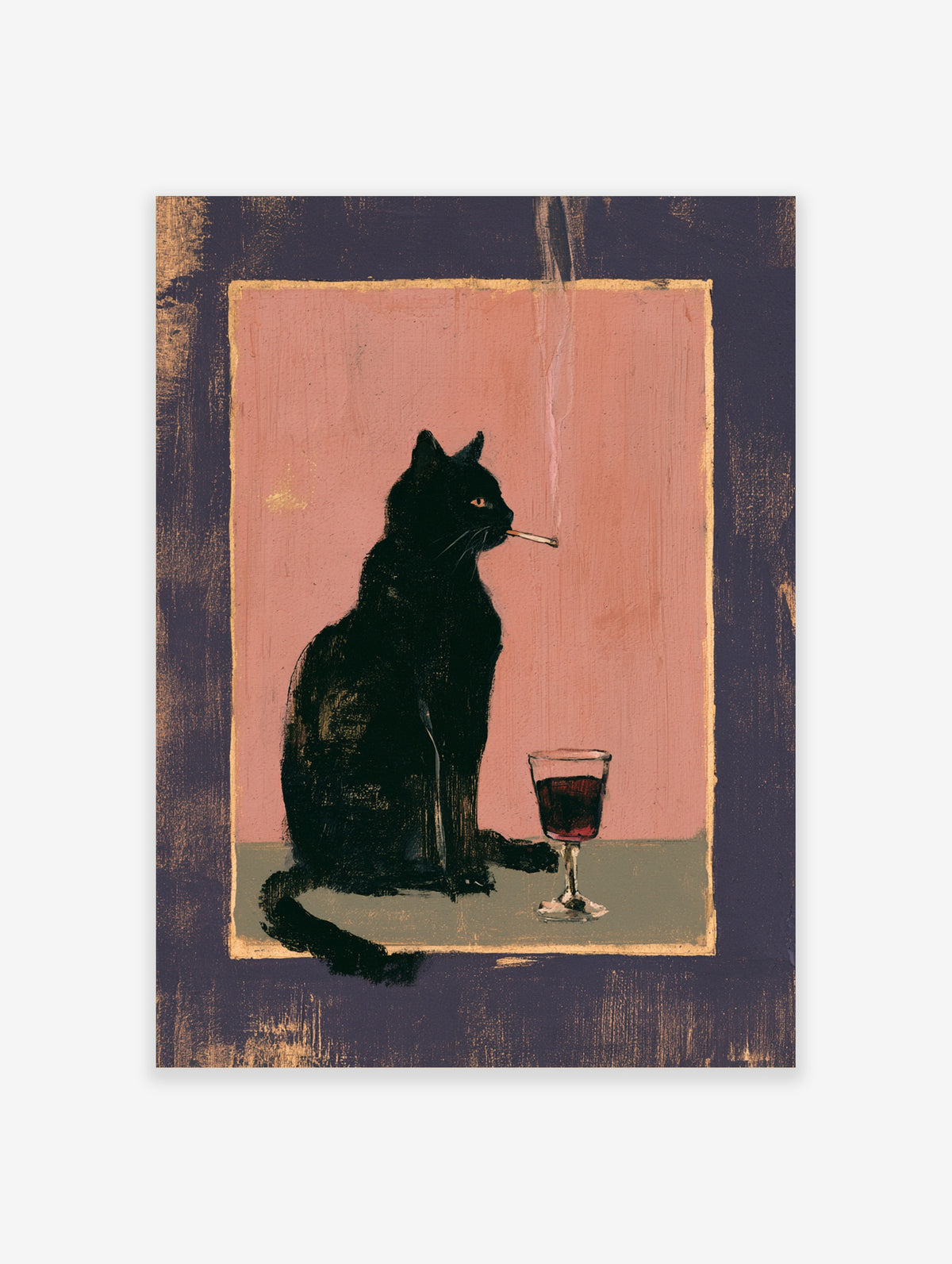 Black cat smoking a cigarette beside a red wine glass on a pink and gold background poster