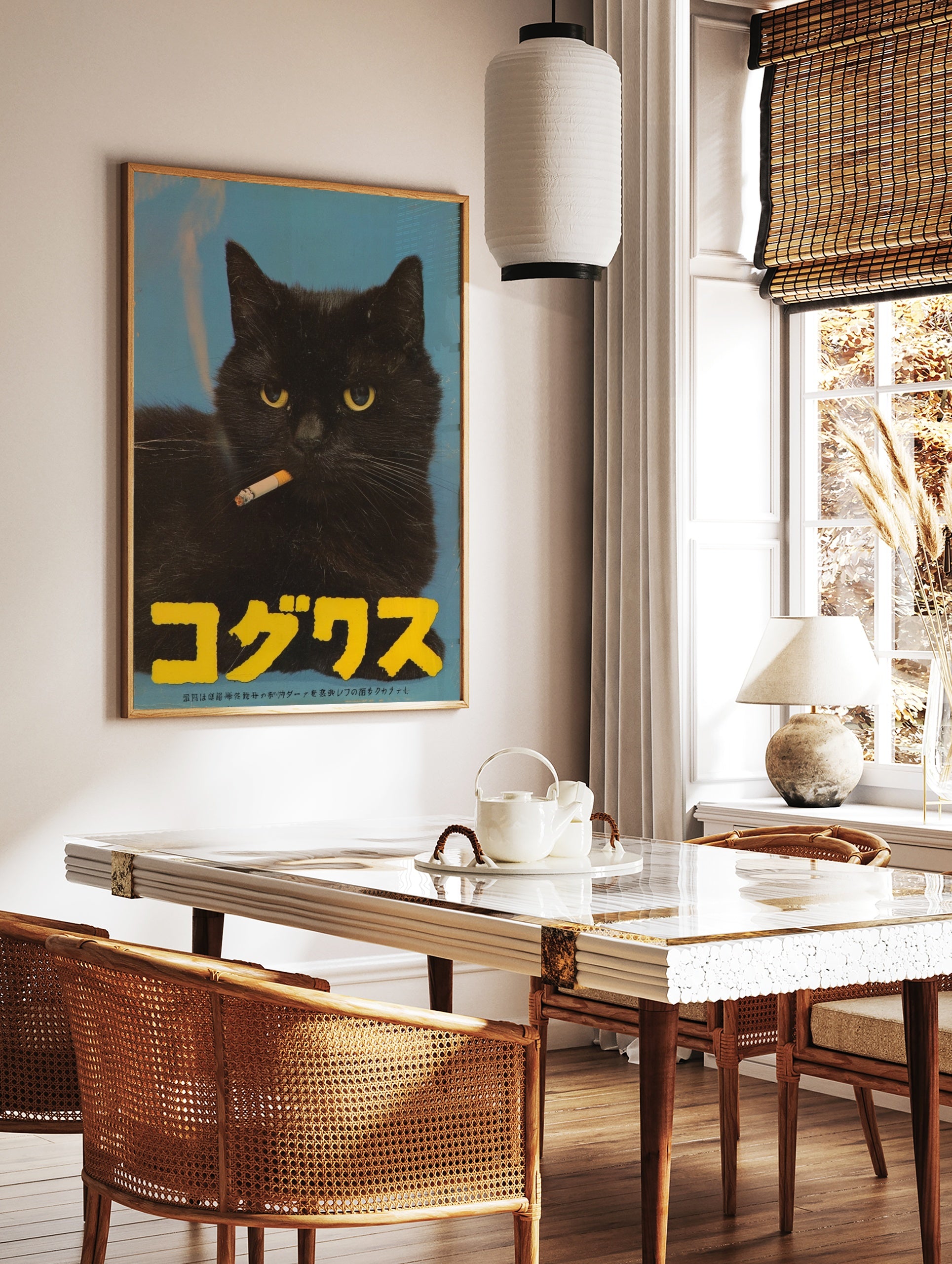 Close-up of a black cat smoking a cigarette on a blue background with large yellow Japanese, in a styled room mockup